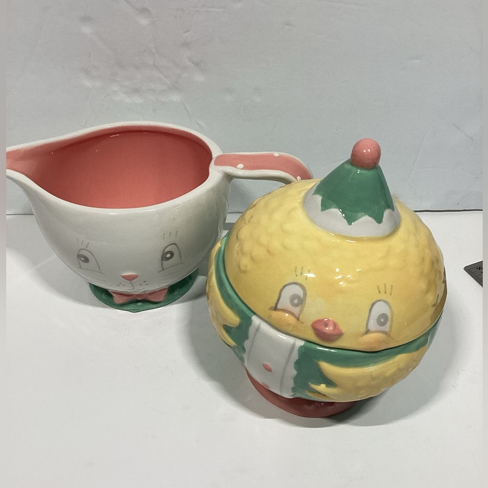 Johanna Parker Spring Easter Ceramic Chick & Bunny Creamer & Suger